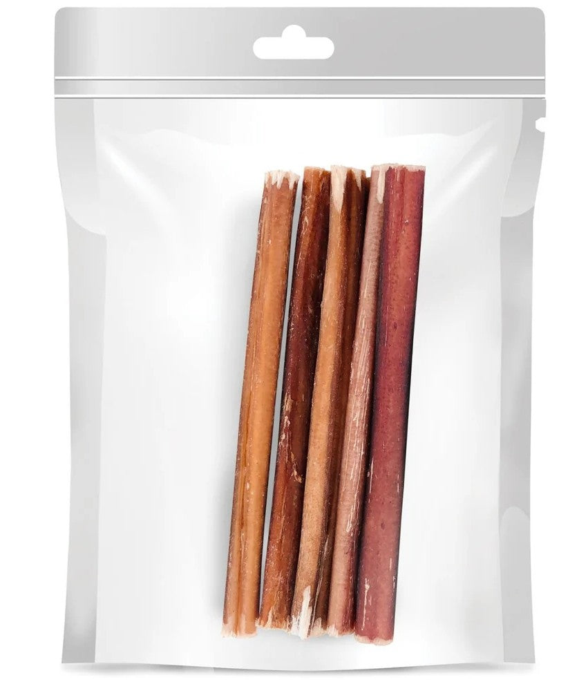 A white background features a bag of Bully Sticks, a popular dog treat.