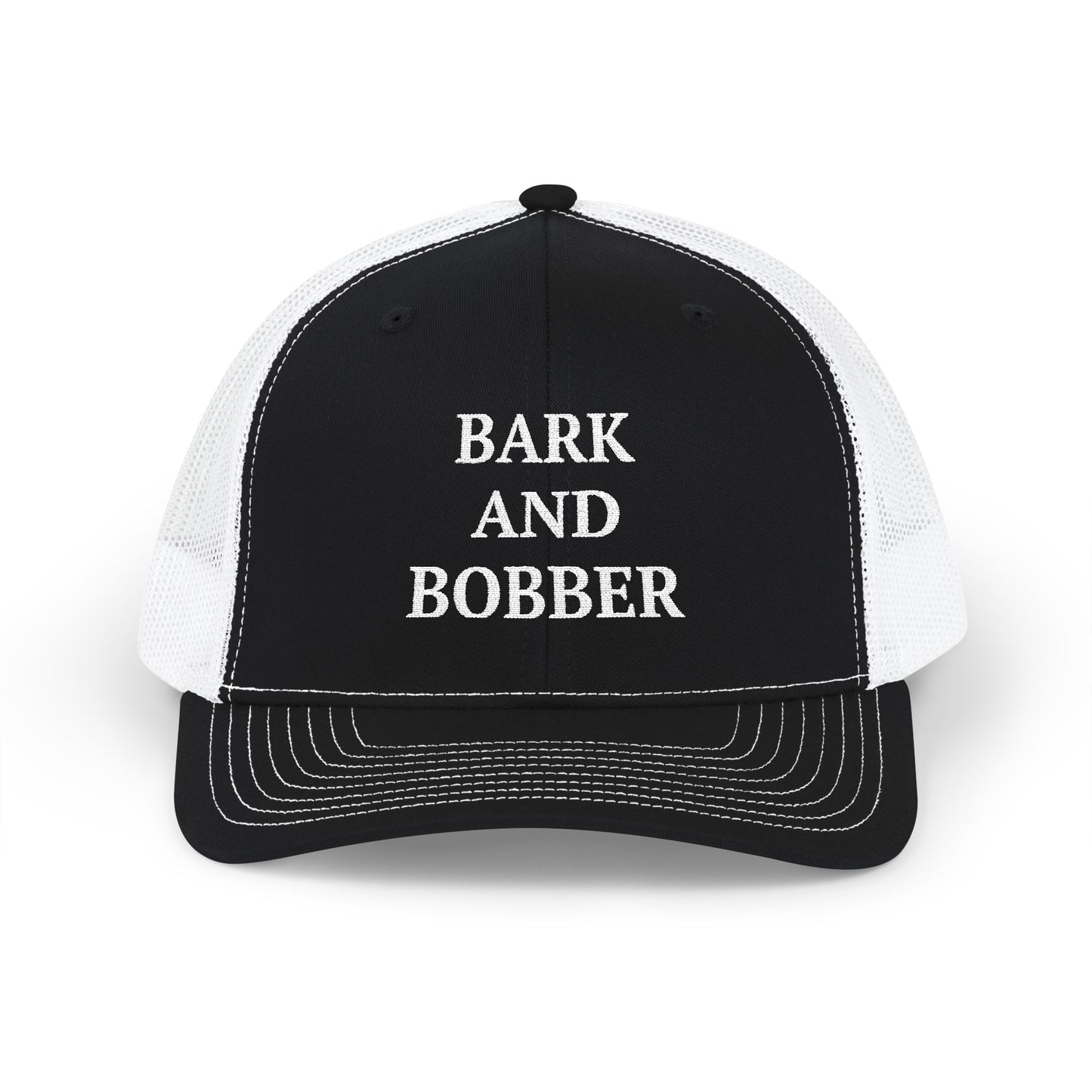 Black and white trucker hat with a snapback design, showcasing the words bark and boberr on the front.