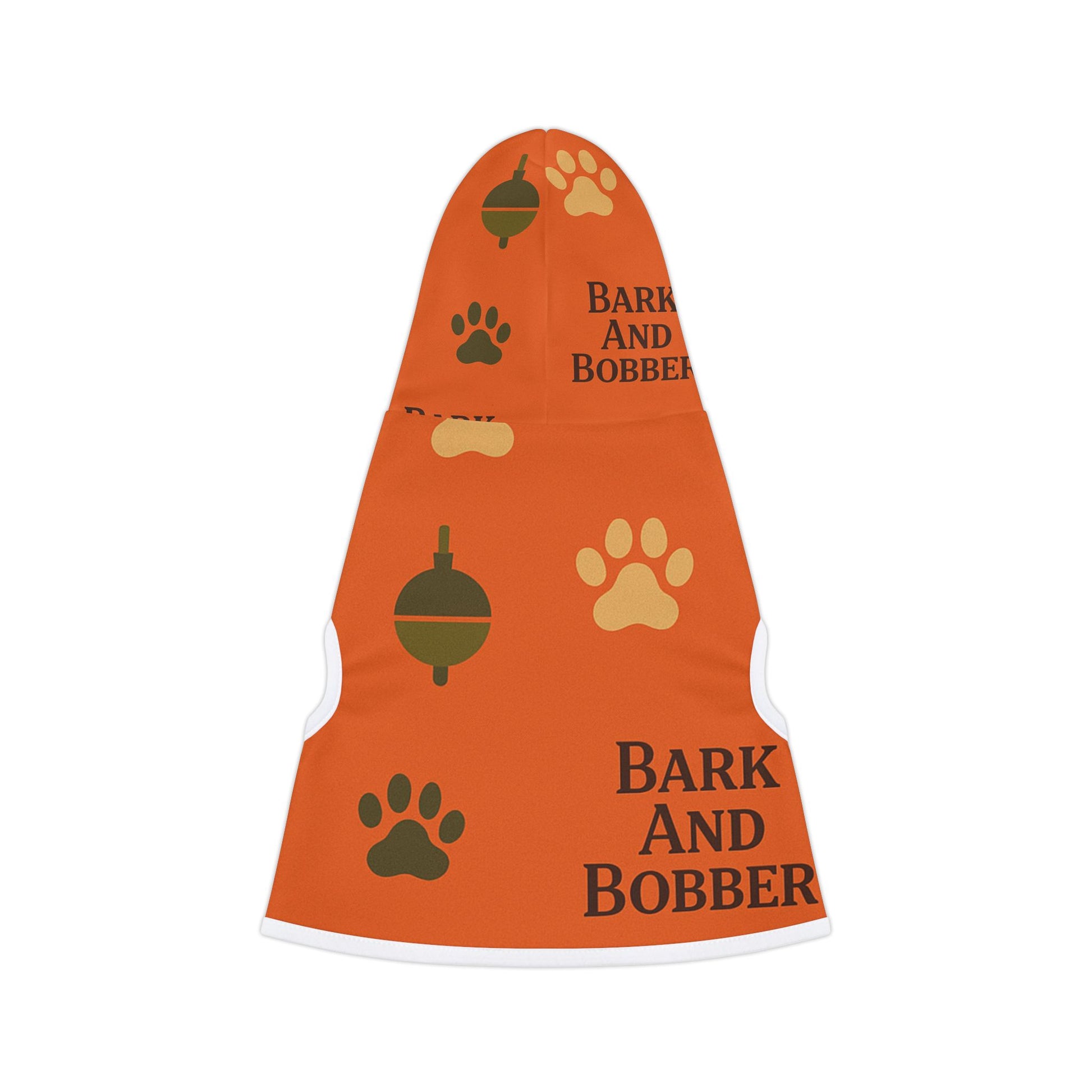 An orange pet hoodie featuring the words "bark" and "bobber" printed on it.