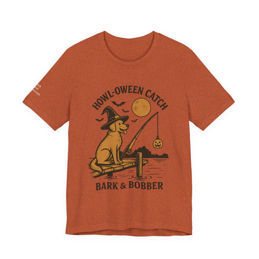 Halloween Dog Fishing Tee, Unisex Tee, Funny Pet Shirt, Dog Lover Gift, Spooky Season Apparel, Howl-o-Ween Catch