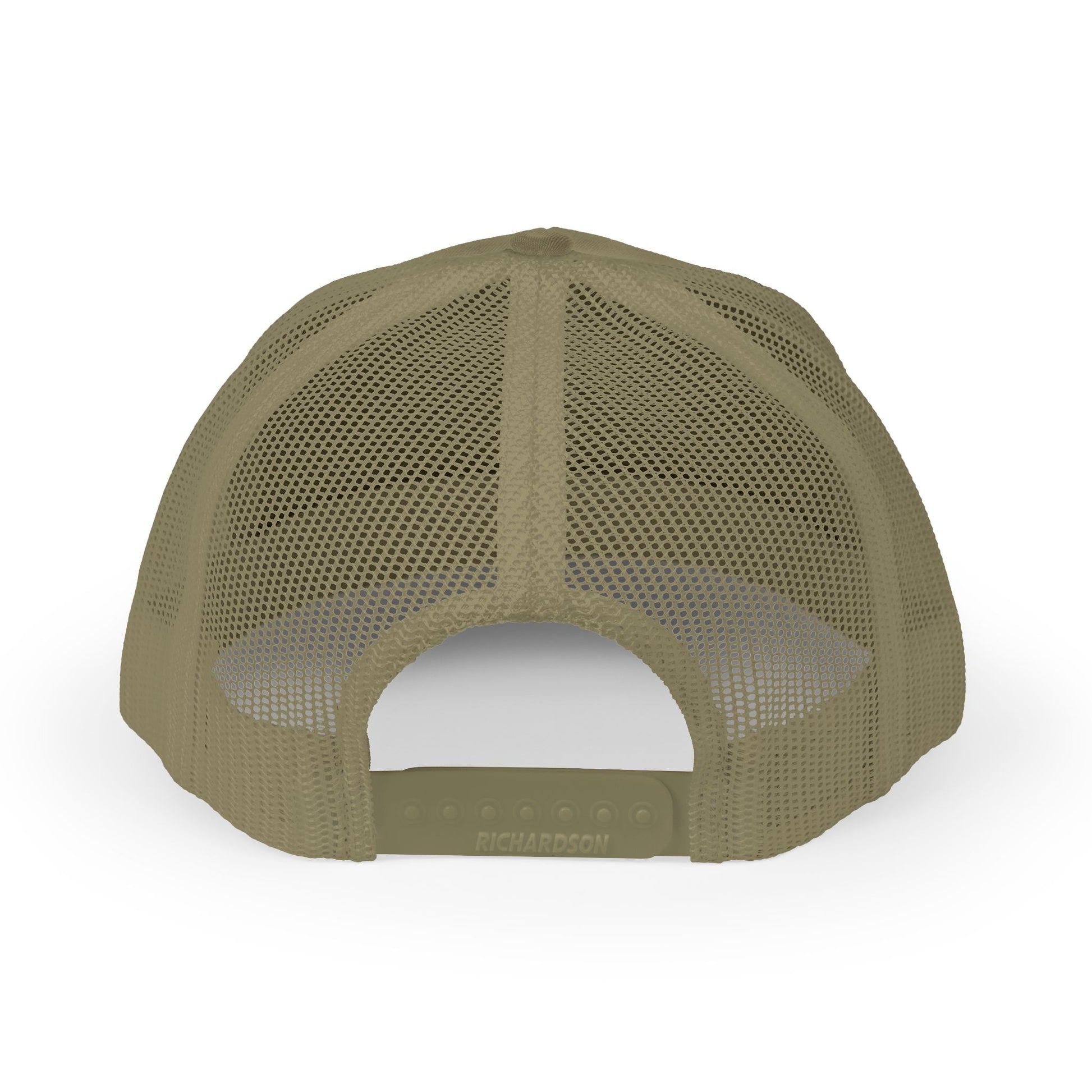 Back view of a khaki retro outdoor snapback trucker hat, showcasing its adjustable strap and classic design.