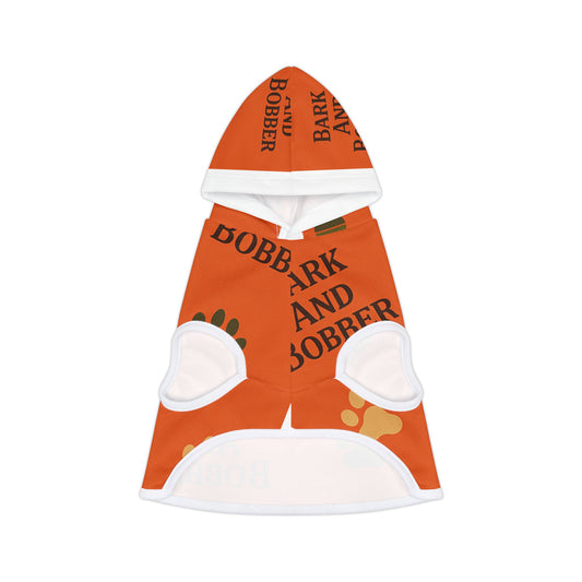 A dog's hooded jacket displaying the text "bark" and "bobber," designed for pet fashion.